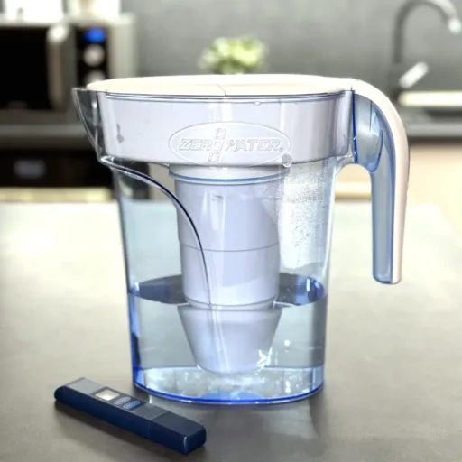 Classic ZeroWater pitcher filtering water on a kitchen counter, ideal for brewing coffee and tea