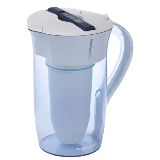 A round ZeroWater jug that turns tap water into food-grade drinkable demineralized water quickly and easily. Very safe method and very cheap too. Buy now in our web shop store. Perfect for coffee and tea water.