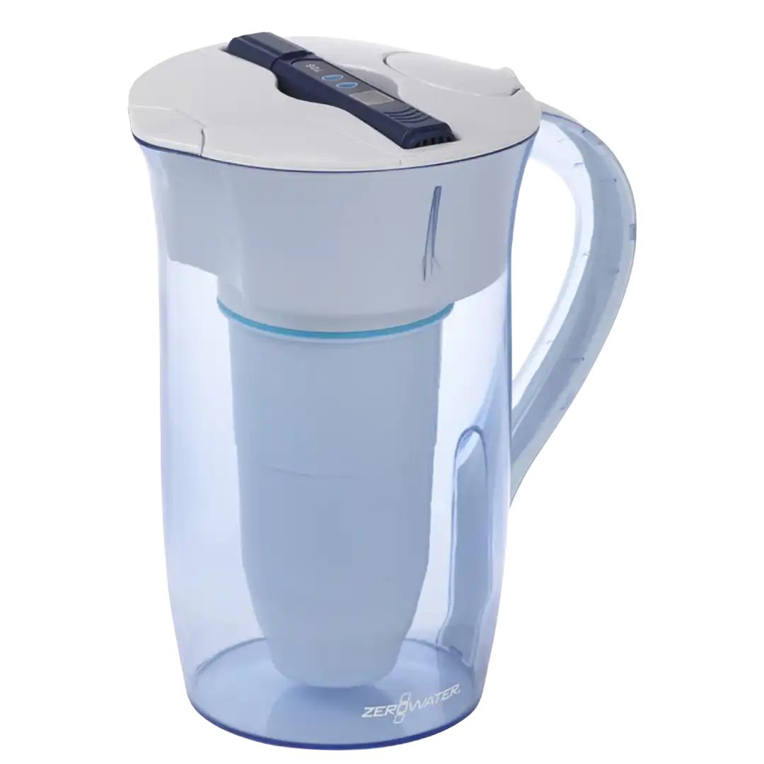 A round ZeroWater jug that turns tap water into food-grade drinkable demineralized water quickly and easily. Very safe method and very cheap too. Buy now in our web shop store. Perfect for coffee and tea water.