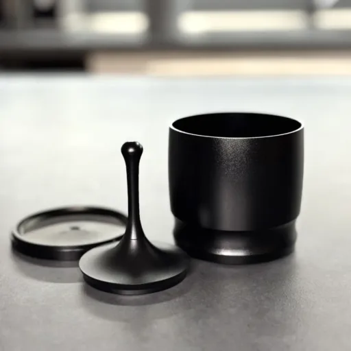 Blind shaker for espresso with lid and distribution knob, black metal finish on a kitchen counter