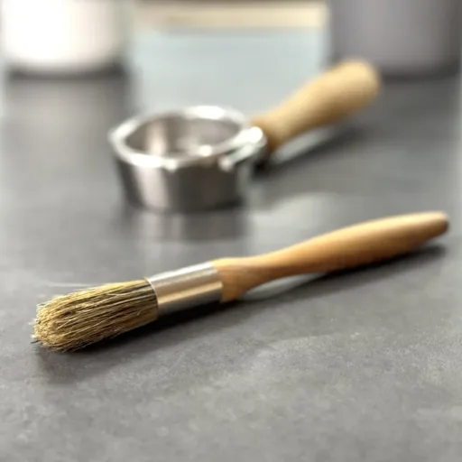 Wood and metal coffee brush for espresso cleaning on a grey surface