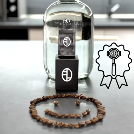 Coffee water mix for light or medium roast specialty espresso with portafilter icon, enhancing clarity, balance, and body