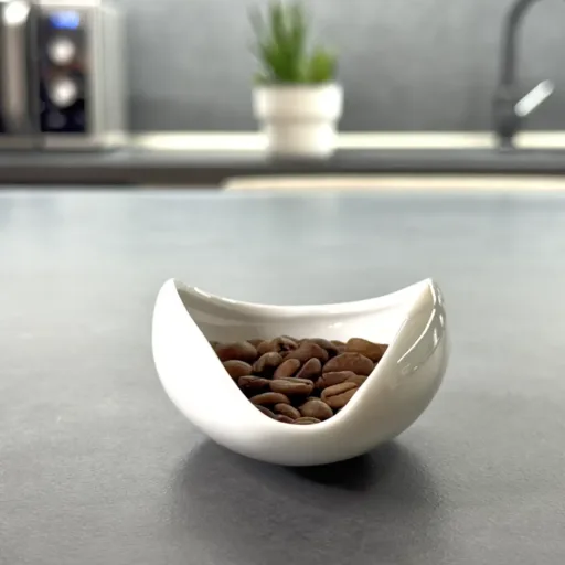 Ceramic dosing tray filled with coffee beans on a grey kitchen counter