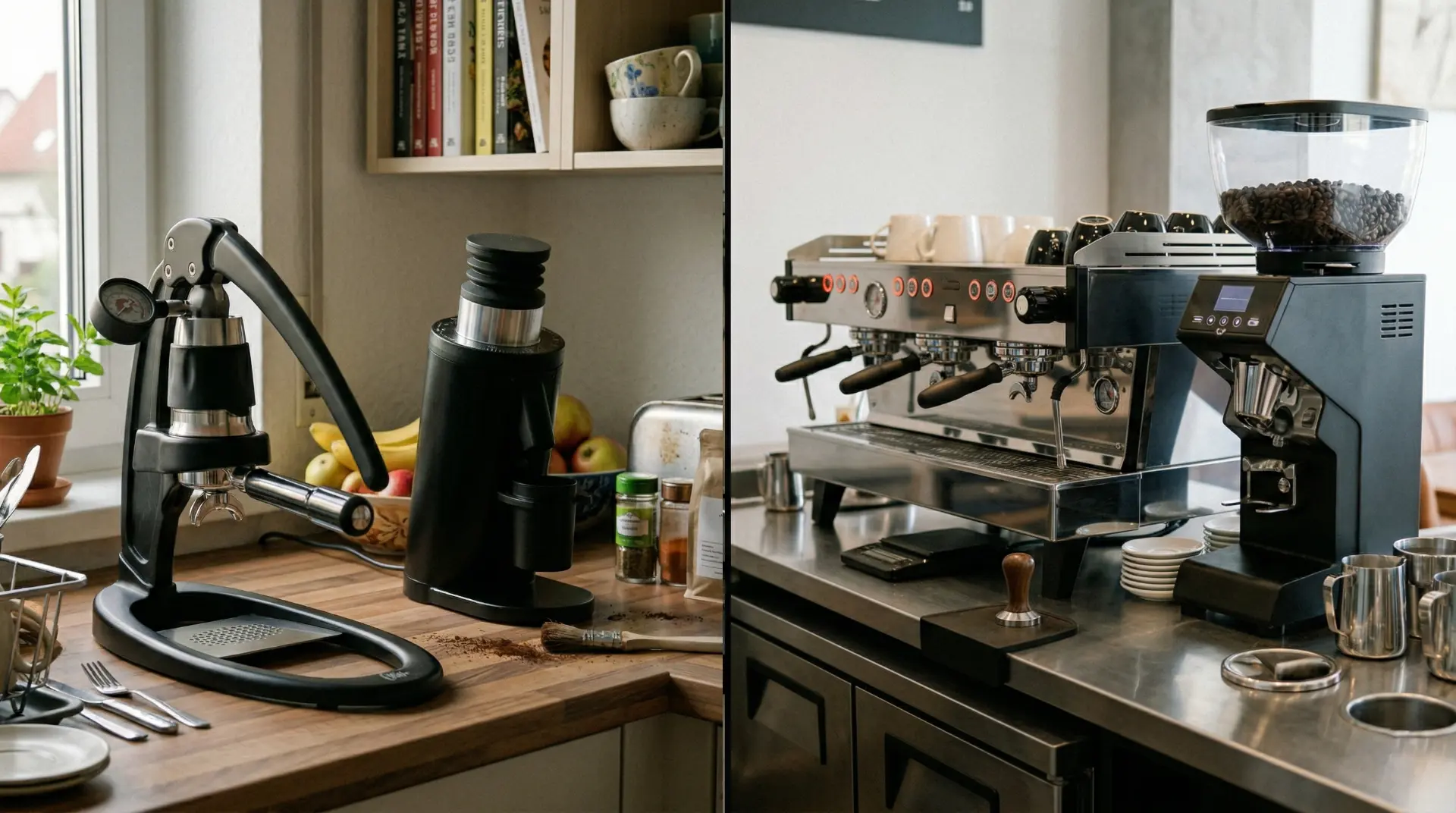 Split image comparing a Flair 58 and single-dose grinder in a kitchen with a commercial espresso machine and grinder in a specialty café
