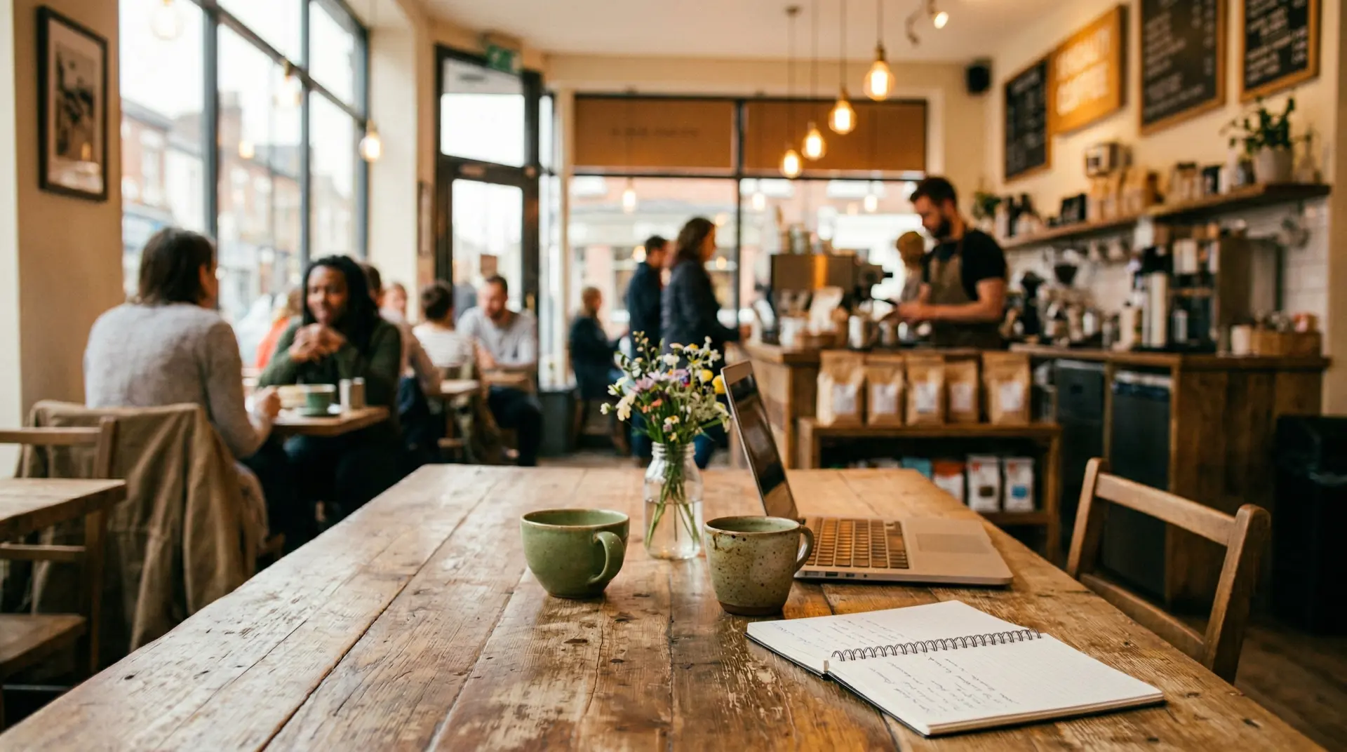 Warm and busy specialty café interior with wooden tables, espresso bar, and softly blurred customers