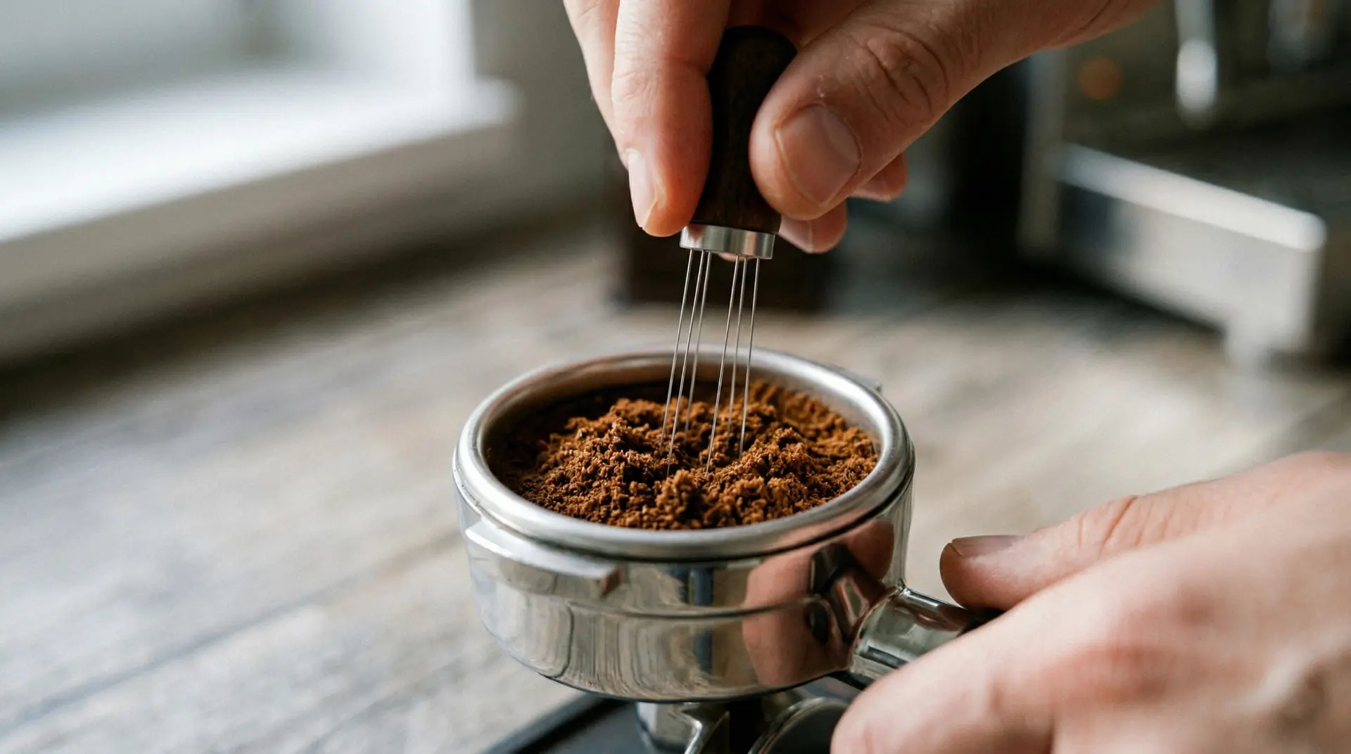 Close-up of a barista using a WDT tool to distribute ground coffee in a portafilter before brewing espresso