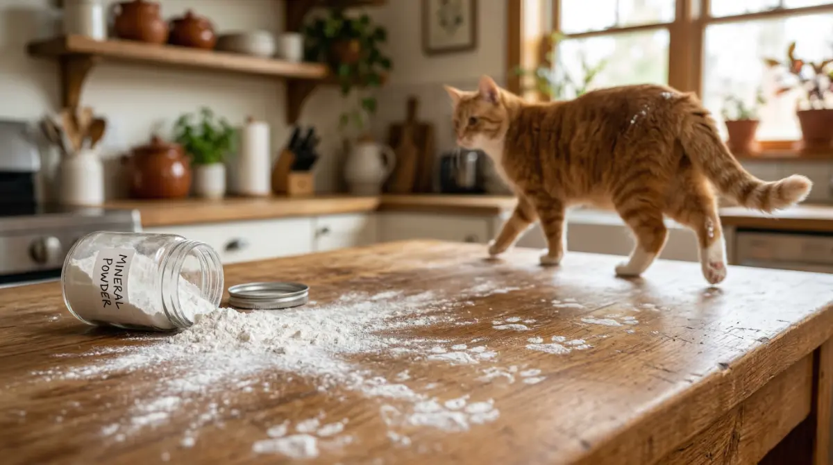 Házi kávévízhez készült ásványi porral teli üveg egy fa konyhapulton, mellette kiszóródott por, miközben egy narancssárga macska sétál a közelben