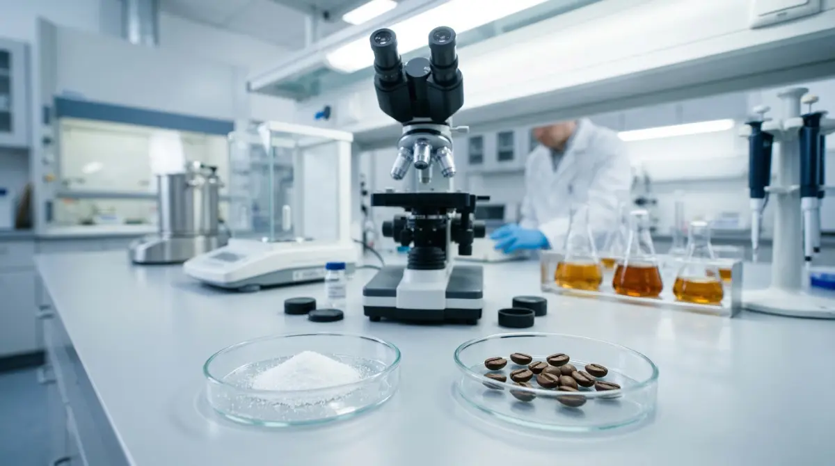 Laboratóriumi jelenet mikroszkóppal, ásványi porral és kávébabokkal, amely a kávévíz formulájának tudományos tesztelését mutatja be