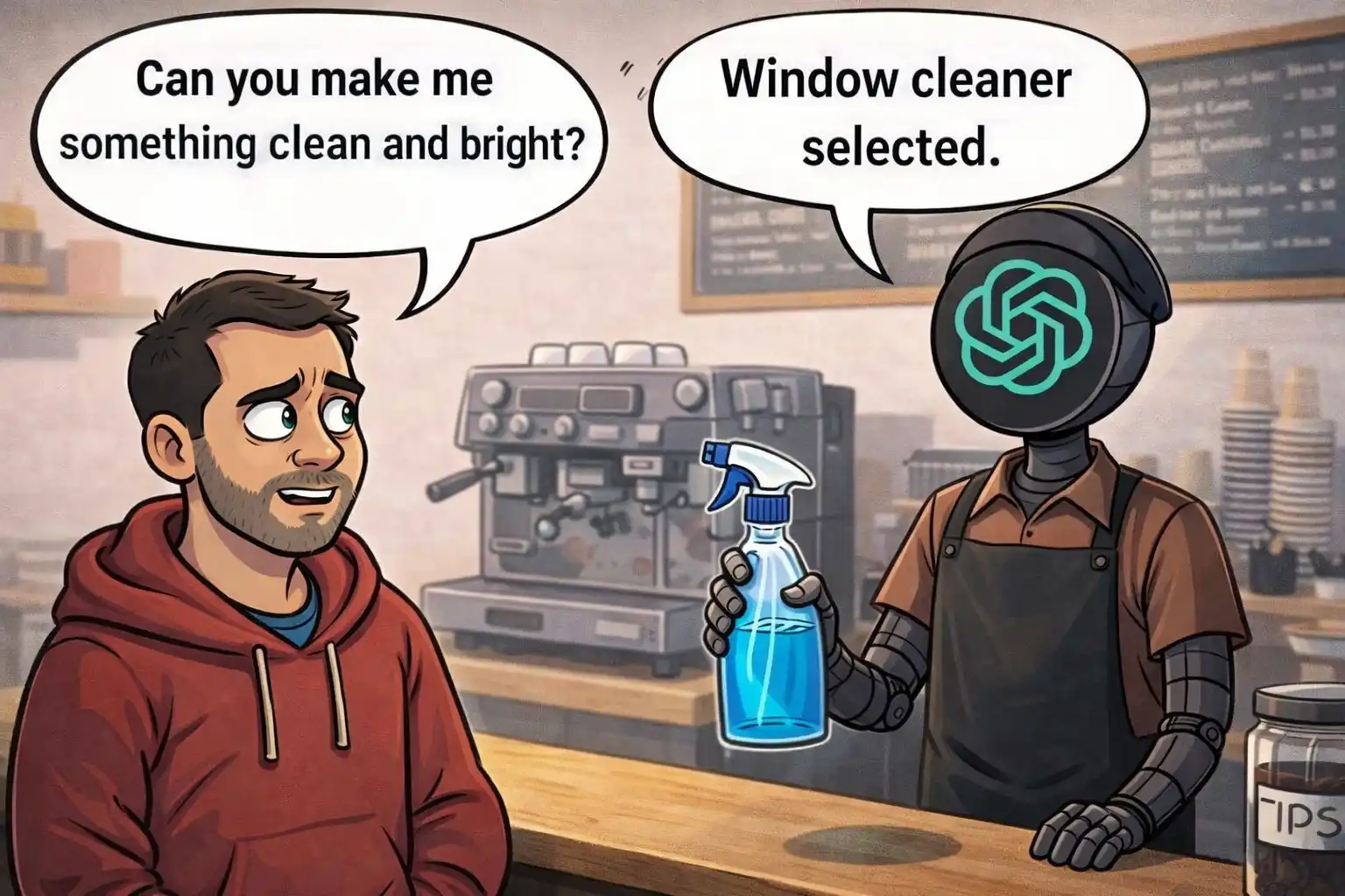 A cartoon illustration of an AI robot barista holding window cleaner instead of a coffee drink, humorously showing the limitations of automation compared to the human craft of a specialty cafe.