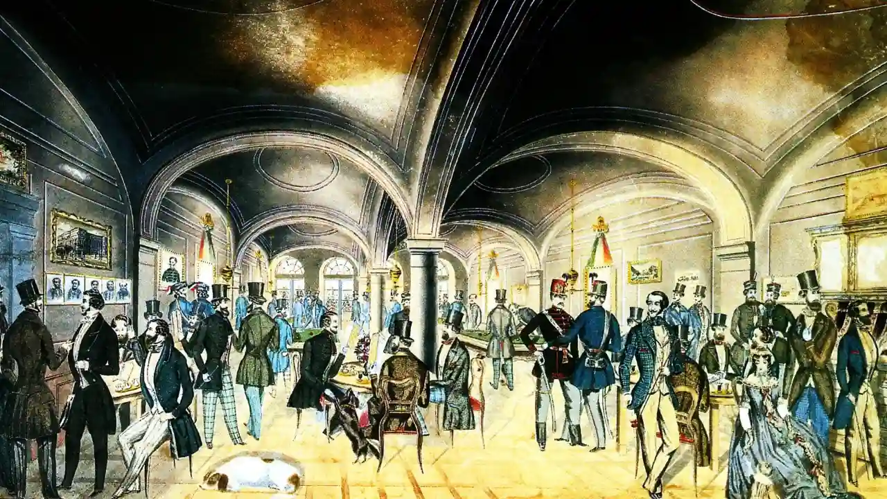 A 19th-century historical illustration of the bustling Pilvax coffeehouse, filled with figures in formal top hats and uniforms discussing ideas, representing the birthplace of intellectual enlightenment and European revolutions.